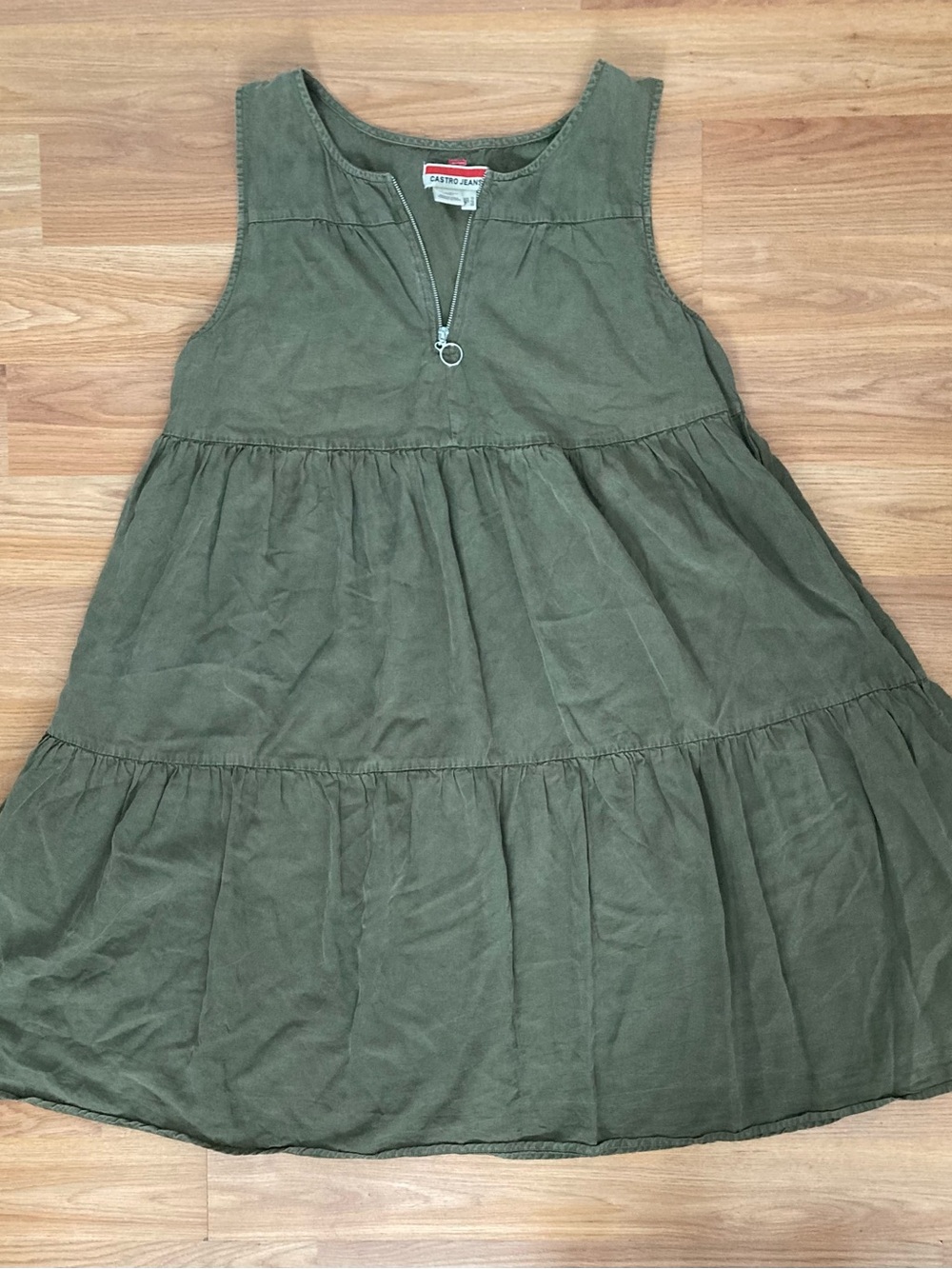 Castro Jeans Olive Green Tiered Sleeveless Dress with Front Zip